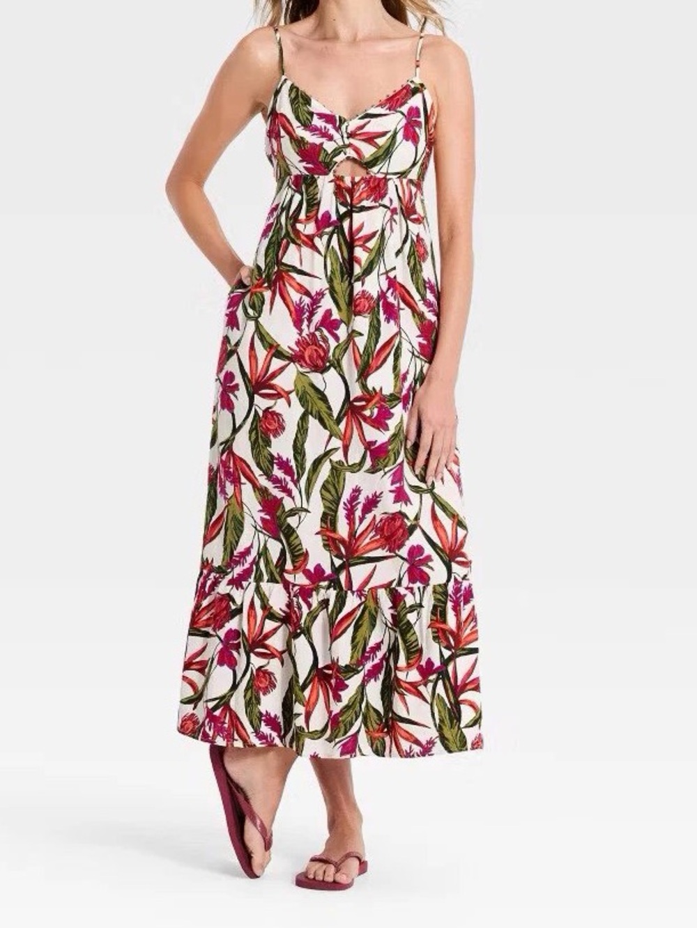 Tropical Floral Tie-Front Maxi Dress in White and Pink